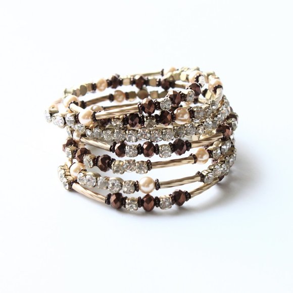 Slinky Bracelet Bangle Wrap Browns Gold Rose Clear Rhinestones Costume Jewelry - Picture 2 of 7